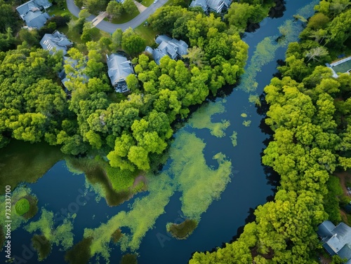 Drone top down shot of a conservation area with restored habitats
