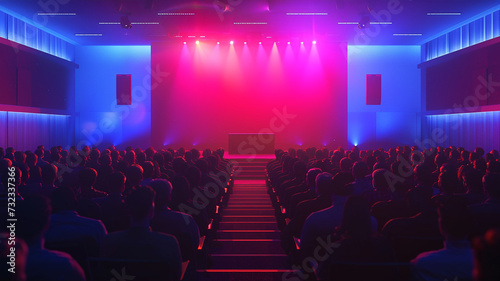 Present an image of a corporate event setting with a stage