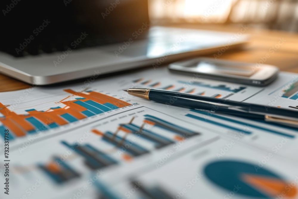 Financial statistics, charts, and data visualization on a desk, Generative AI Financial statistics, charts, and data visualization on a desk, Generative AI