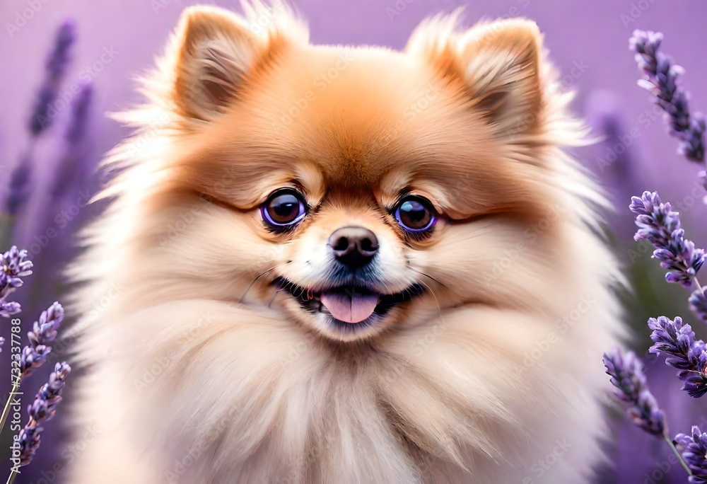 A close-up shot of an adorable and fluffy Pomeranian, captured against a soft and dreamy lavender background, showcasing its cute appearance and vibrant personality.