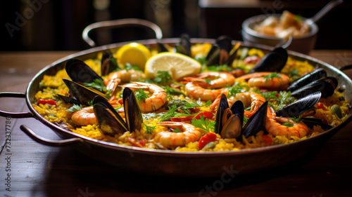 Large skillet with delicious paella on dark background
