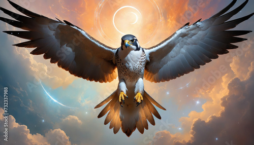 Fantasy Illustration of a wild falcon bird. Digital art style wallpaper background. photo