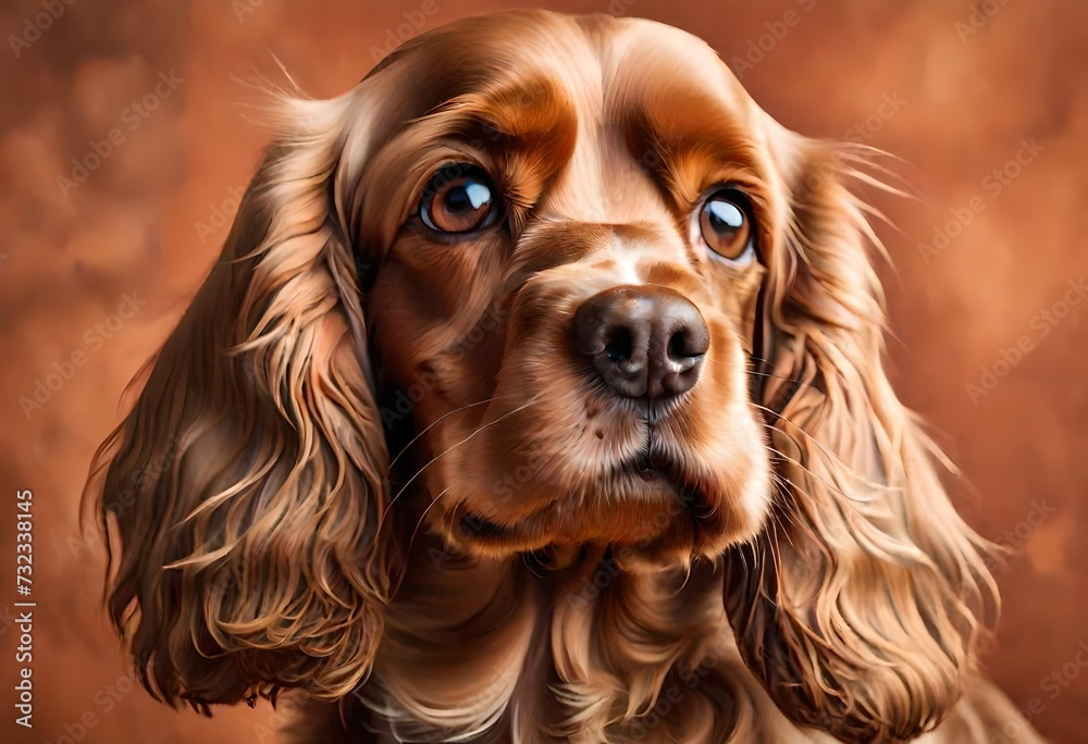 A close-up shot of a gentle and affectionate Cocker Spaniel against a warm and earthy terracotta background, highlighting the breed's expressive eyes and silky coat.
