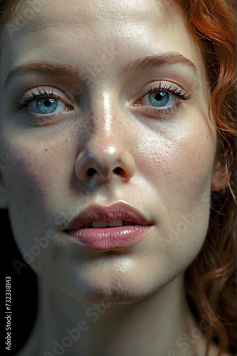 Artistic Close Up of an Auburn Haired Woman with No Makeup and Stunning Blue Eyes