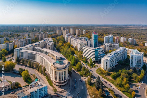 aerial drone photo shows the downtown panorama of Chisinau  showing several buildings and roads