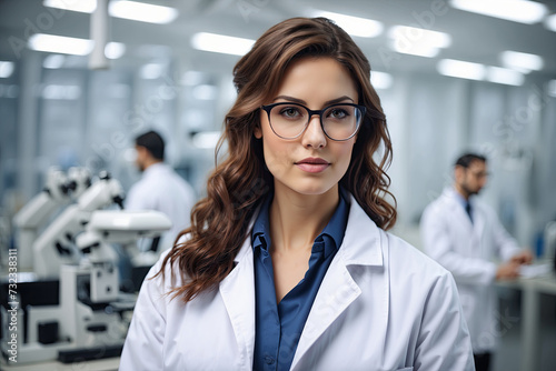 Beautiful young female scientist in a white coat and glasses in a modern medical laboratory with a team of specialists in the background.