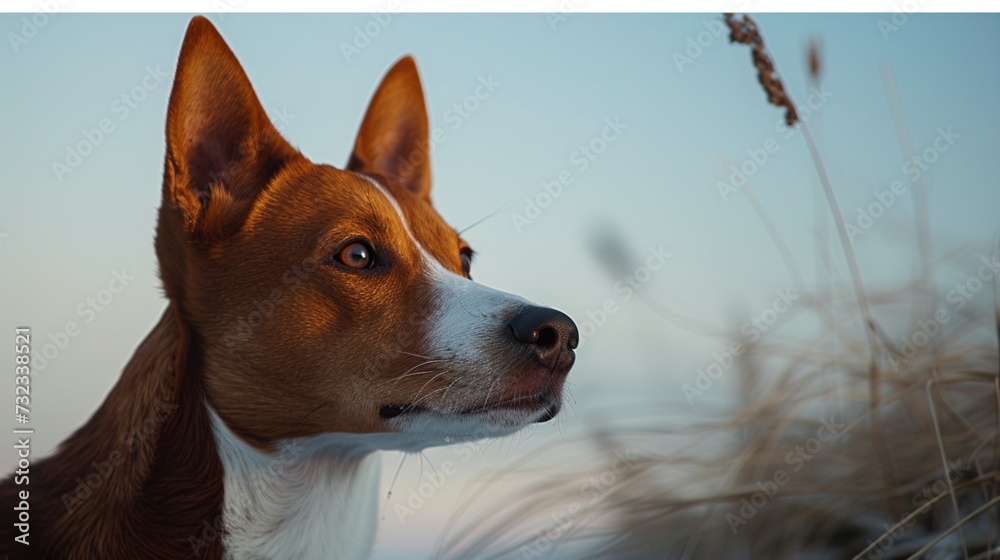 A curious Basenji gazing against a soft sky blue backdrop, its alert expression hinting at its keen hunting instincts. A curious Basenji gazing against a soft sky blue backdrop, its alert expression hinting at its keen hunting instincts.