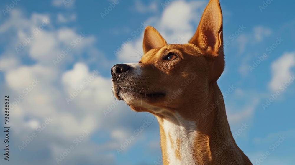 A curious Basenji gazing against a soft sky blue backdrop, its alert expression hinting at its keen hunting instincts. A curious Basenji gazing against a soft sky blue backdrop, its alert expression hinting at its keen hunting instincts.