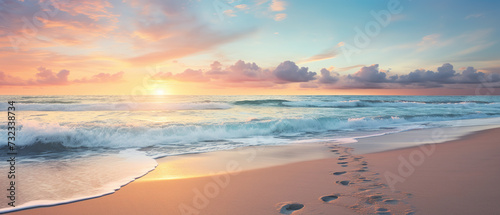 Captivating ultra-wide beach scene of a paradise beach at sunrise  a dreamy coastal landscape