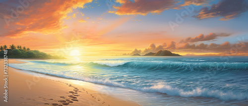 Captivating ultra-wide beach scene of a paradise beach at sunrise, a dreamy coastal landscape © IonelV