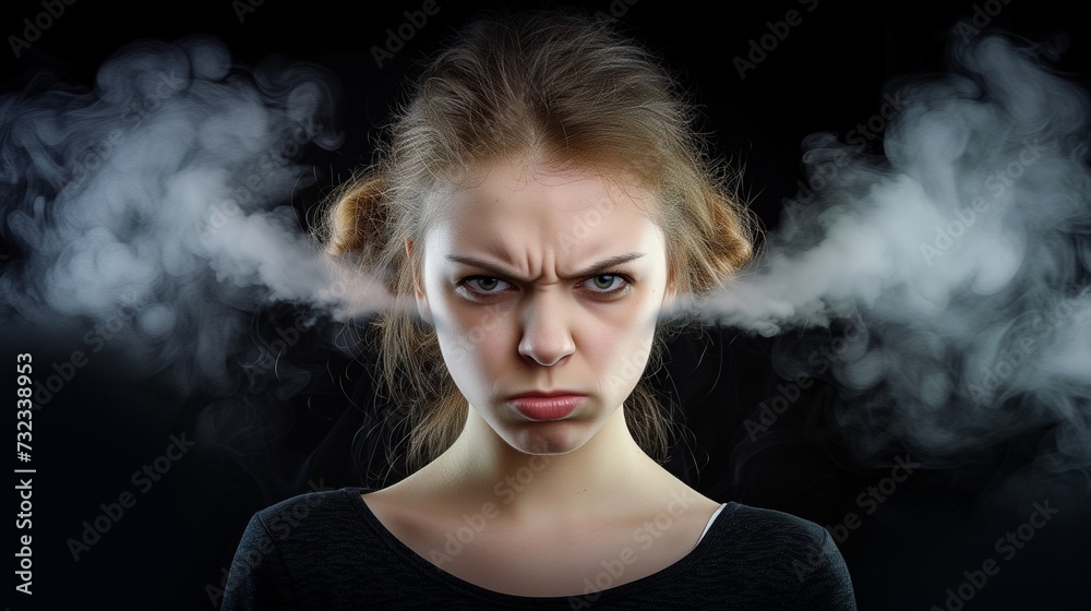 An enraged young female professional in business attire, with visible steam emitting from her ears, symbolizing extreme frustration or anger, possibly in a workplace setting.