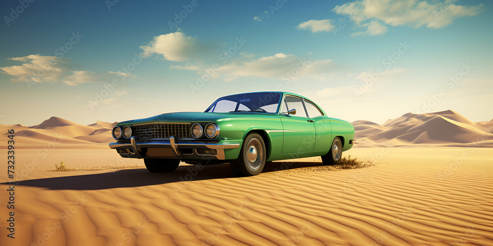 Retro muscle car roars through desert sands AI Generative
