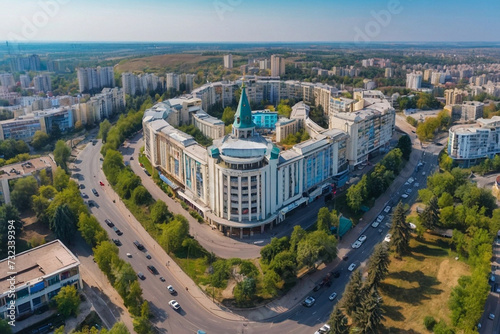 aerial drone photo shows the downtown panorama of Chisinau, showing several buildings and roads