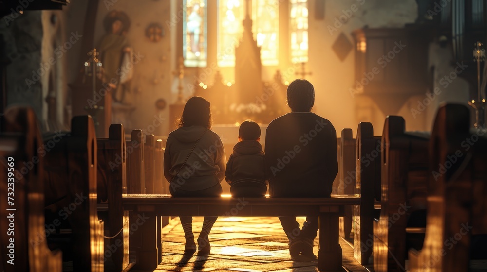 Family Contemplation in Church, serene moment as a family sits together in a church, bathed in the warm glow of the morning sun streaming through stained glass windows