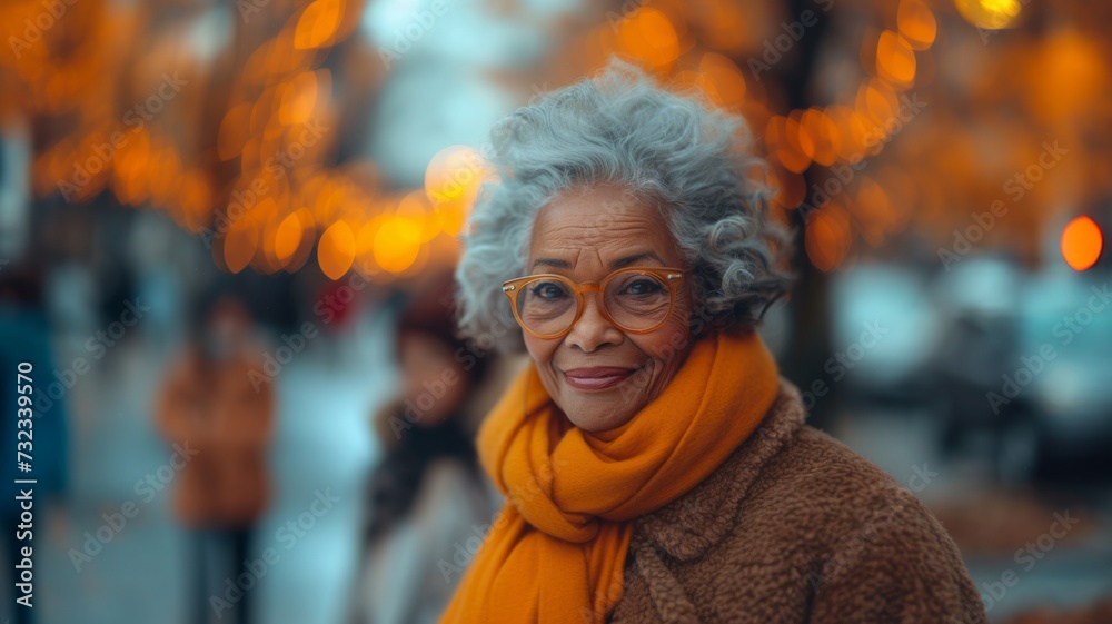 A graceful elderly lady with silver hair and glasses, wearing a warm yellow scarf, smiles gently on a city street adorned with golden lights, AI generated