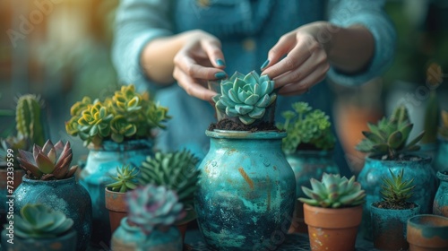 Gardener Tending to Succulent Plants, Hands carefully arrange a collection of vibrant succulent plants, depicting the nurturing aspect of gardening and the serene beauty of succulents