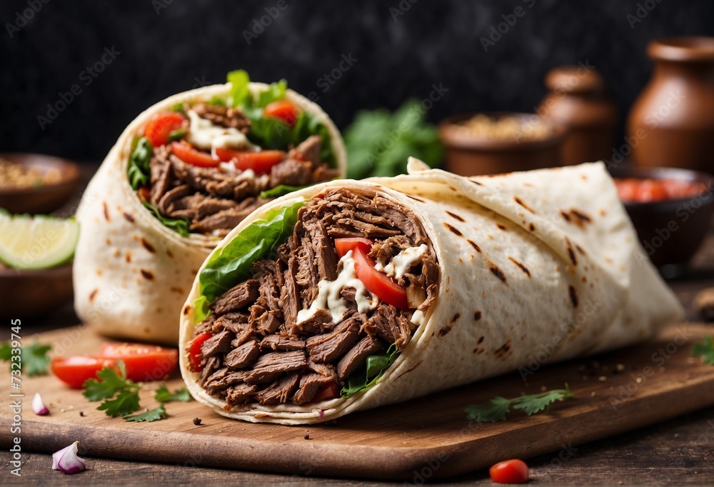 fresh grilled donner or shawarma beef wrap roll hot ready to serve and eat as wide banner