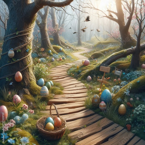 Close-up of a festive Easter egg hunt trail winding through a picturesque woodland filled with budding trees and chirping birds Adventurous and scenic Perfect for depicting outdoor Easter activities 