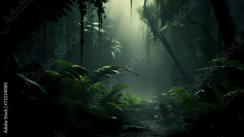 Forest landscape, exotic foggy forest