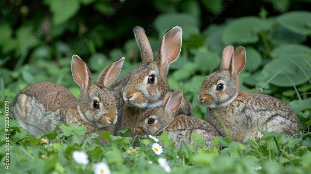 Obraz premium A family of rabbits with ears tipped in soft sorbet colors, nestled in spring grass