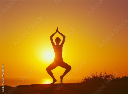 Silhouette of a girl in a yoga pose against the backdrop of a bright sunset by the sea.