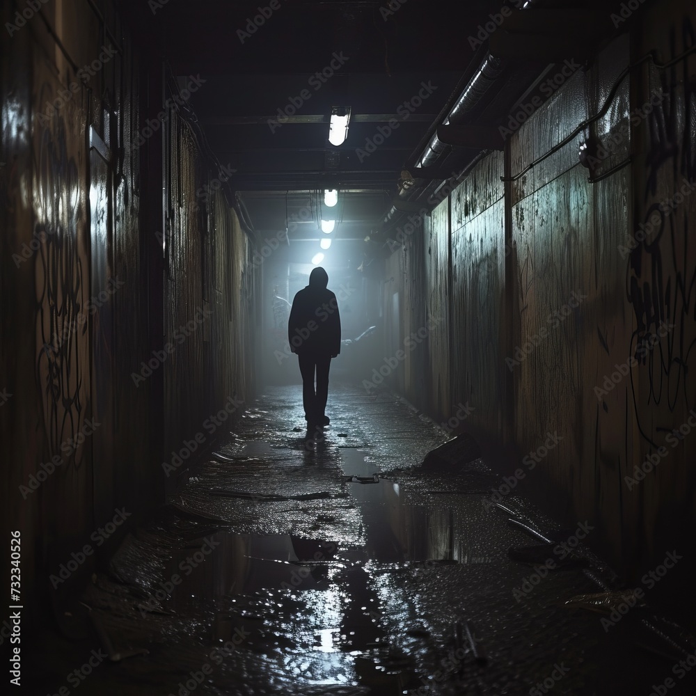 Fototapeta premium A lonely man walks at night along a dark, damp alley under overhead lighting. Loneliness.