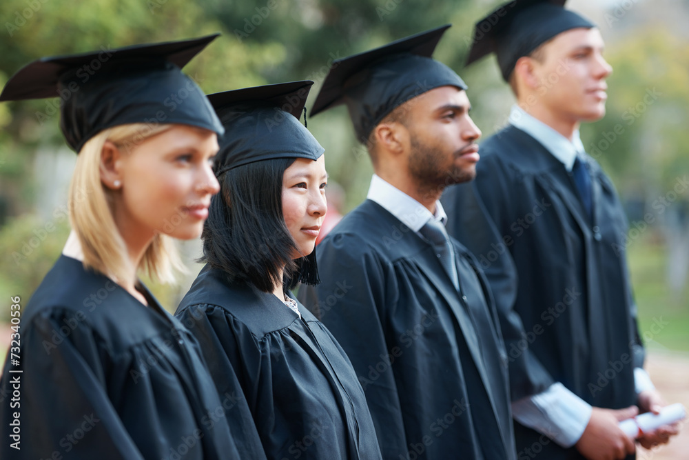 Line, graduation and students in college or university to celebrate school diploma or degree. Diversity, graduate scholarship or proud women with men or education certificate ready for ceremony event Line, graduation and students in college or university to celebrate school diploma or degree. Diversity, graduate scholarship or proud women with men or education certificate ready for ceremony event