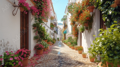 Idyllic Spanish Village Street  Charming narrow street adorned with vibrant flowers in a serene Spanish village  evoking a sense of tranquility