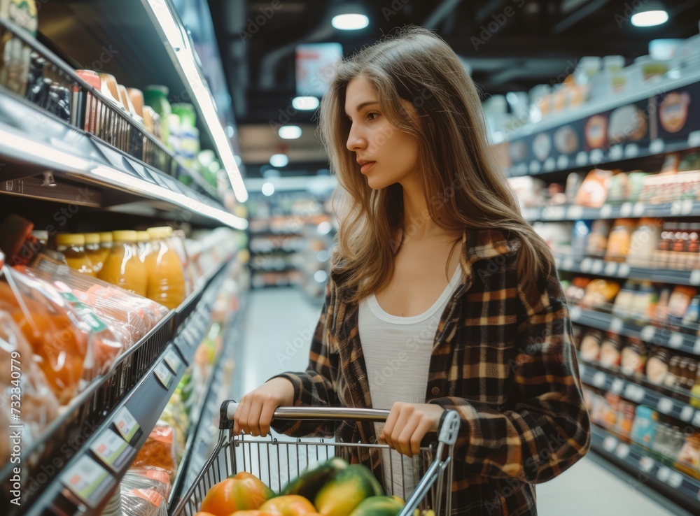 A female shopper in a well-stocked grocery store pushes a cart filled with fresh produce.