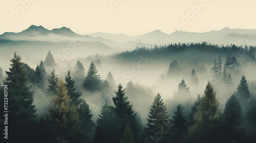 Forest landscape, exotic foggy forest