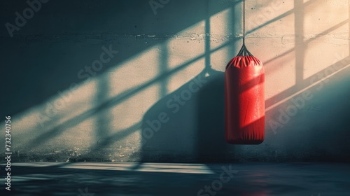 Solitary Red Punching Bag, Sport, active lifestyle and healthy concepts. Kickboxing, Muay Thai, Taekwondo, sport fitness activities equipmen photo