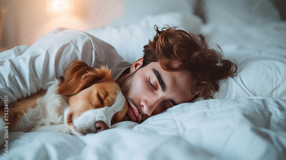 Peaceful Man and Dog Sleeping, young man and his dog in peaceful slumber, sharing a moment of rest in a cozy white bed Peaceful Man and Dog Sleeping, young man and his dog in peaceful slumber, sharing a moment of rest in a cozy white bed