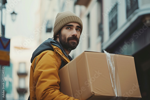 portrait of a delivery man carrying a box © Guy