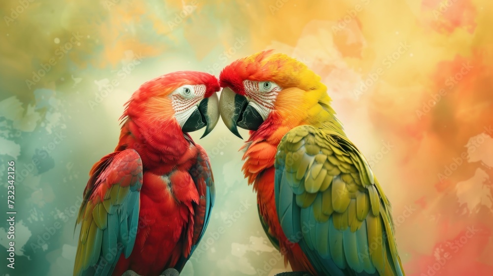 A pair of parrots, feathers a splash of sorbet hues, perched in harmony