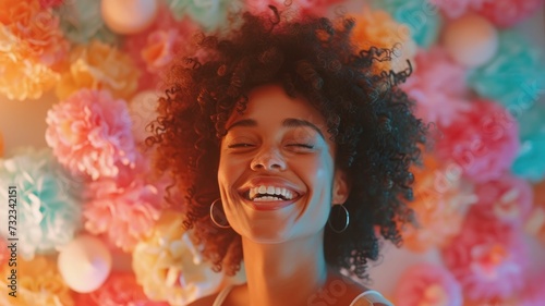 A person laughing amidst a spring sorbet backdrop, bathed in warm, soft light photo
