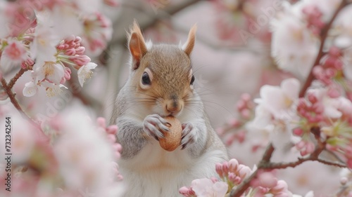 A squirrel nibbling on a pastel nut amidst a backdrop of sorbet-colored spring blooms