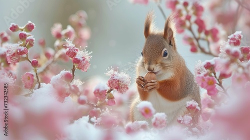 A pastel nut in the grasp of a squirrel, set against a canvas of sorbet spring flowers