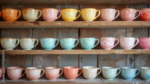 Teacups in sorbet spring shades, their delicate glazes translucent, arrayed on a shelf