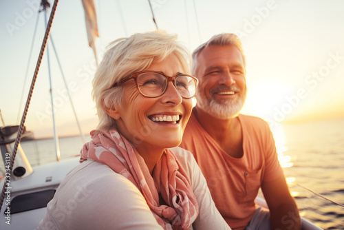 smiling happy senior couple on sailboat or yacht enjoying the sea at sunset © Song_about_summer