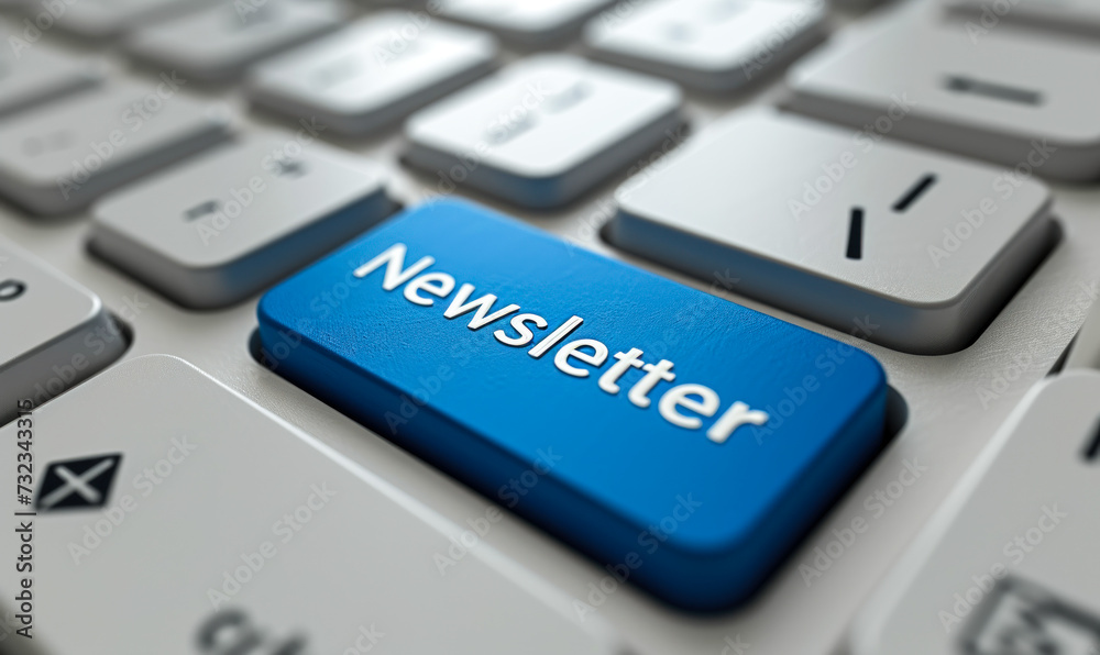 Distinctive blue newsletter key on a white keyboard highlighting digital communication and subscription in the modern electronic marketing era Distinctive blue newsletter key on a white keyboard highlighting digital communication and subscription in the modern electronic marketing era