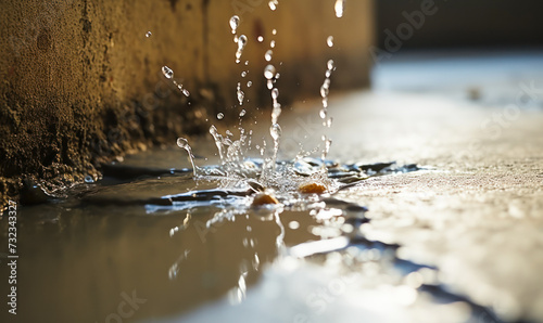 Close up of Water Leak on Concrete Floor, Water Splashing from a Crack, Concept of Plumbing Issue, Home Damage, and Urgent Repair Needs