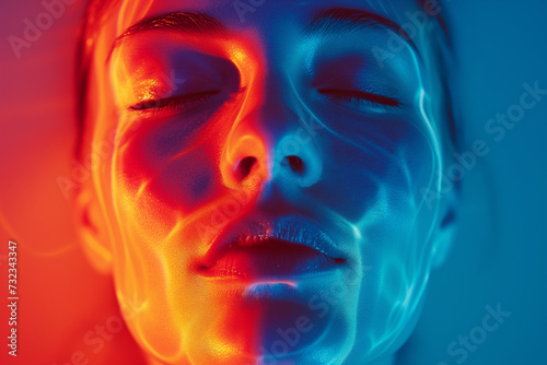 close up portrait of a girl with an unusual fiery light on her face, heat map of face