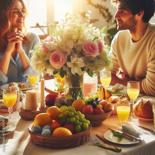 Close-up of a family gathering around a sunlit Easter brunch table adorned with fresh flowers and seasonal fruits Warm and convivial Ideal for Easter feast-themed designs 