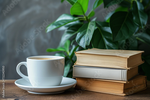 чашка кофе и книги на фоне домашнего растения, copy space