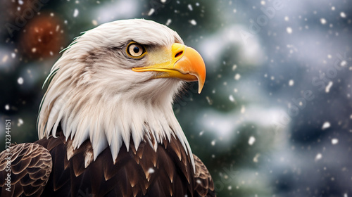 A bald eagle stands in the snow, American bald eagle in the nature background, Winters grace shines in the close up portrait of a bald eagle, Closeup of a bald eagles fierce gaze and sharp