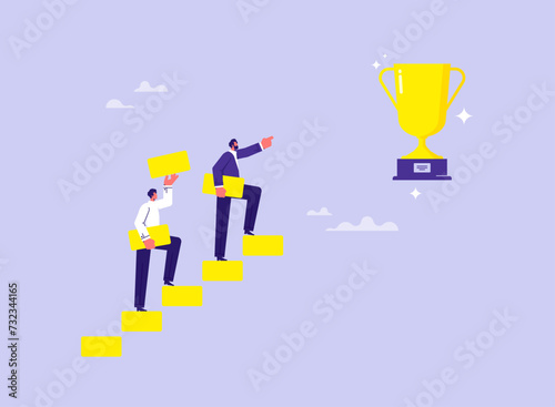 Build stair to success or career growth, motivation to reach target concept, business team building steps to reach target or for corporate career
