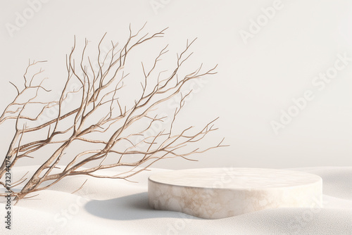 white podium for displaying objects or goods in the scenery of white sand and a dried decorative tree branch without leaves