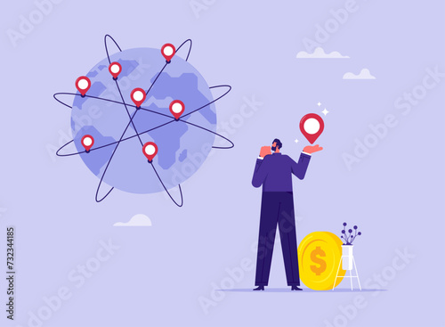 Business expansion concept, businessman marks points on globe, transnational company and international trade, globalization, transportation