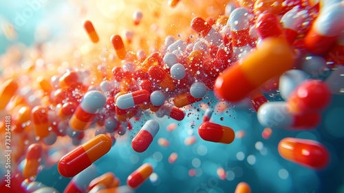 Medicinal, pharmacy, health, vitamin, antibiotic, pharmaceutical, treatment concept illustration and background. photo