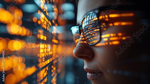 Women in glasses reading html scripts, programming and cyber security research, plus data analytics and holograms of data. A coding or IT person in glasses is reading html scripts, programming and photo